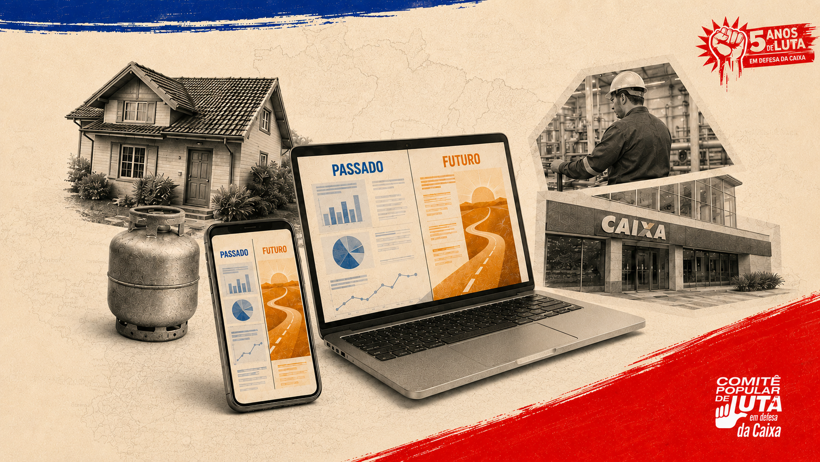 Arte do Comitê Popular de Luta em Defesa da Caixa anunciando as ferramentas Compare você mesmo e Jogo do Futuro para as eleições de 2026