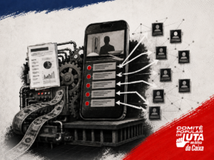 Ilustração de uma máquina de desinformação conectada a uma rede de perfis, com a logo do Comitê Popular de Luta em Defesa da Caixa